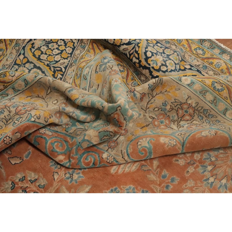 Hand Knotted Oriental 100% Wool Carpet Traditional Floral Oranges & Rust Kerman Area Rug - 13' 7'' X 10' 0''