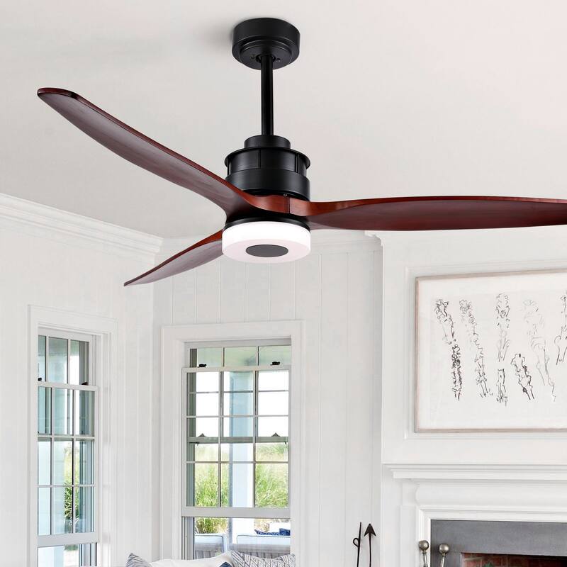 SAFAVIEH Lighting Lurdes Coffee 3-Speed Led Ceiling Fan with Remote - 52" W x 52" L x 15"-20" H - Dark Cherry Wood - 52Wx52Dx20H