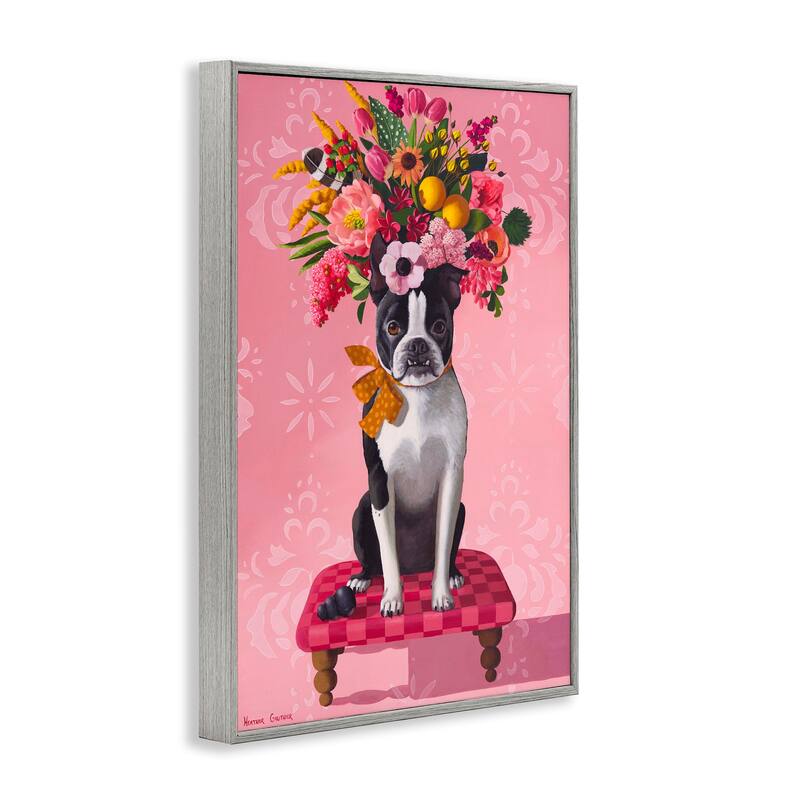 Stupell Bulldog & Pink Bouquet Framed Giclee Art Design By Heather Gauthier