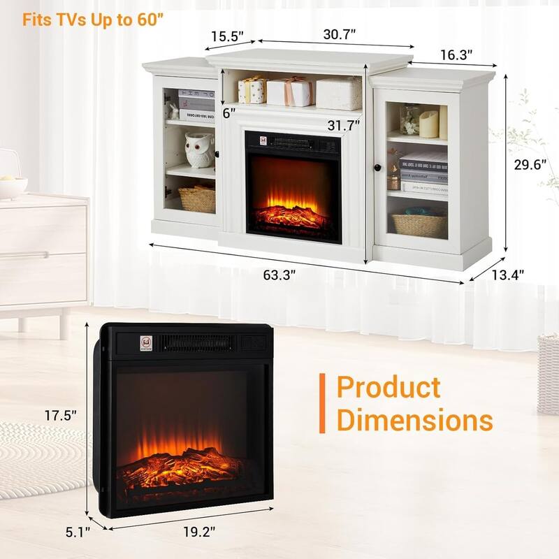 TV Stand For TVs Up To 60" With 18" Electric Fireplace Included, Overheat Protection