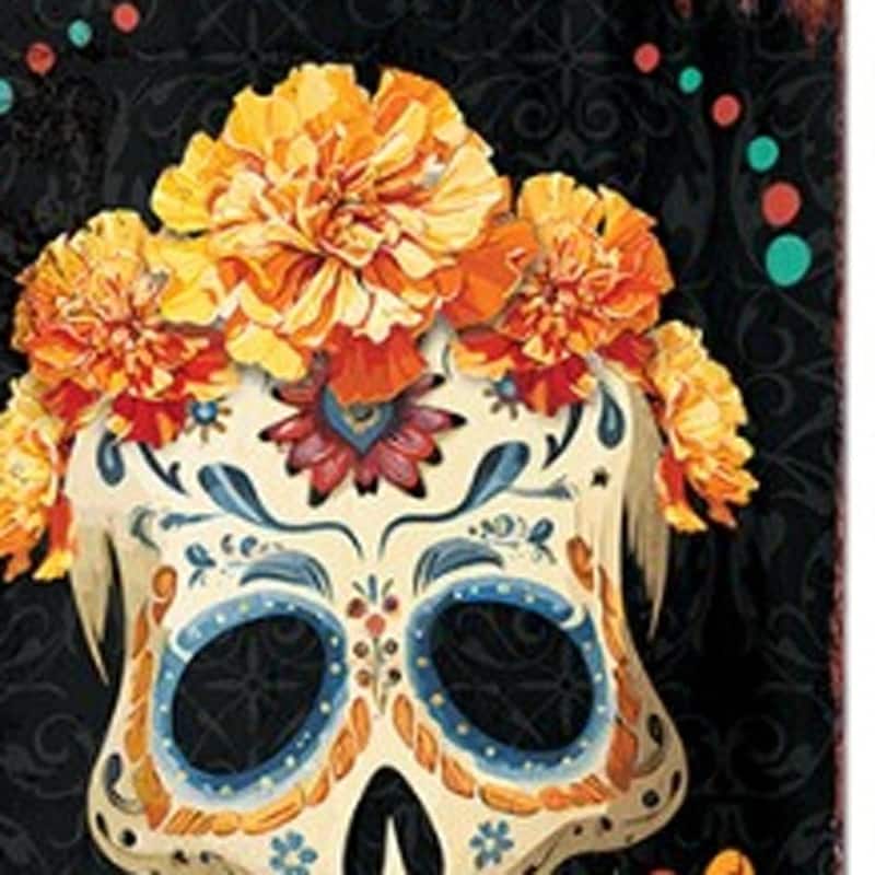 HomeRoots 72" Black Gold And Orange Solid Wood Bienvenidos Skull Porch Sign