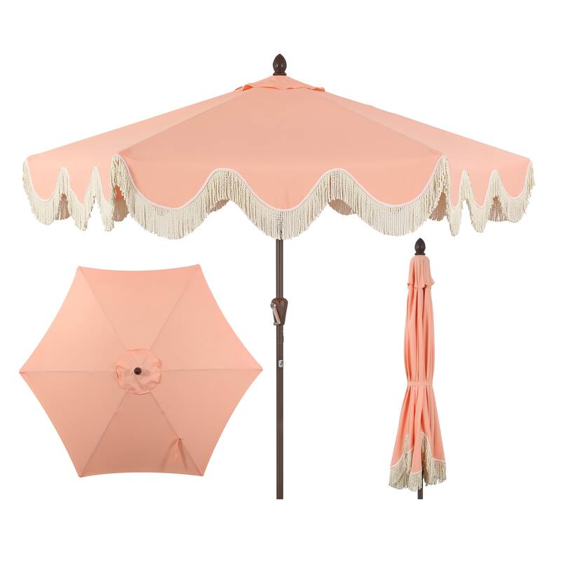 9ft Tassel Patio Umbrella Auto-Tilt, Crank , by JONATHAN Y