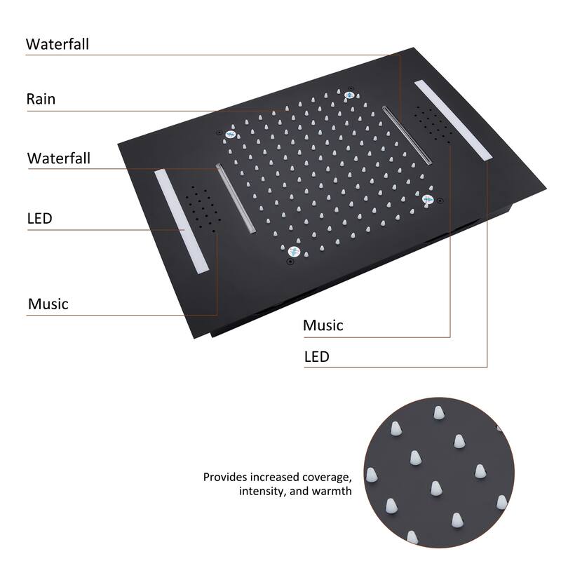 Luxury 4-Spray Patterns 23 in. Ceiling Mount Shower System with Handheld Shower Head, 6 Body Jets, LED, and Music - 15" x 23"