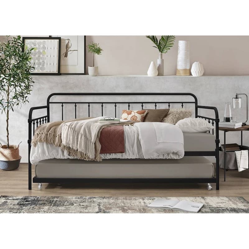 Twin size Rounded Iron Daybed with Roll Out Trundle Bed Frame