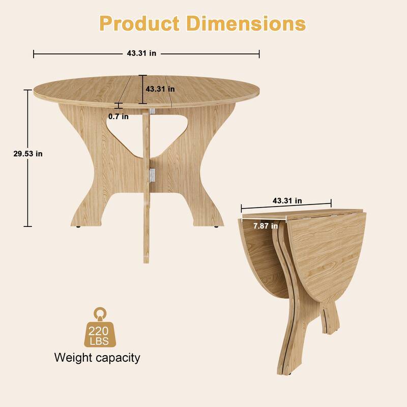 43 Inch Folding Dining Table for Small Spaces, Round MDF Veneer Foldable Kitchen Table with Slim Storage Design