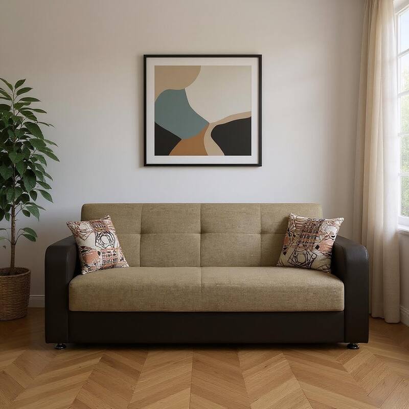 HomeRoots 90" Brown Chenille And Faux Leather Convertible Futon Sleeper Sofa And Toss Pillows With Storage - Brown