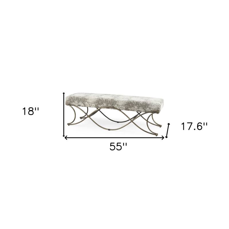 HomeRoots 55" Gray and Gold Chenille and Metal Upholstered Bench - 55 in. x 18 in. x 17.6 in.