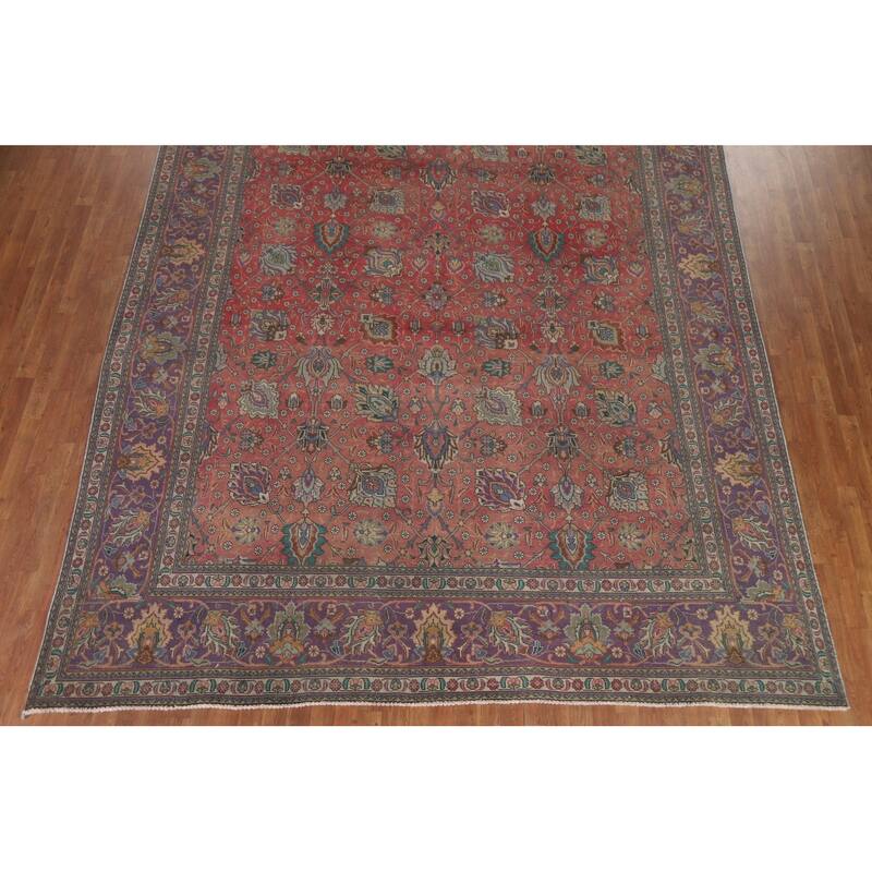 Hand Knotted Oriental 100% Wool Carpet Traditional All-Over Pink Tabriz Area Rug - 12' 8'' X 9' 8''