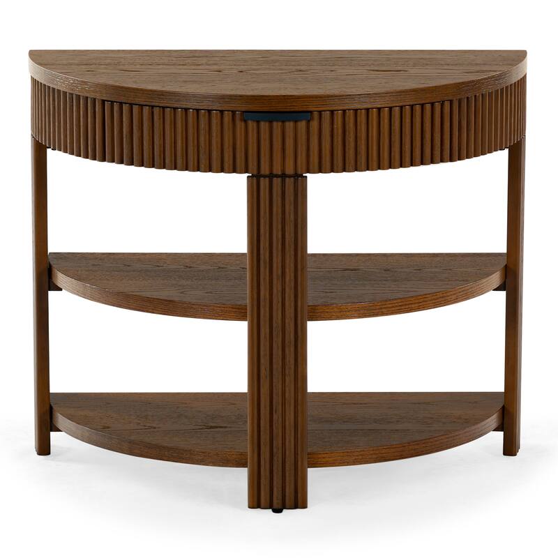 SAFAVIEH Couture Shelbie Reeded 1-Drawer 2-Shelf Half Moon Console Table - 32"W x 16"D x 26"H - Medium Oak/Black