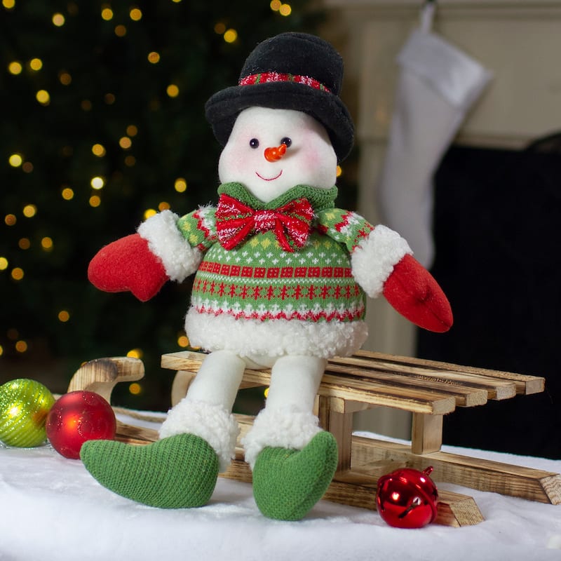18" Red and Green Sitting Smiling Snowman Christmas Figure