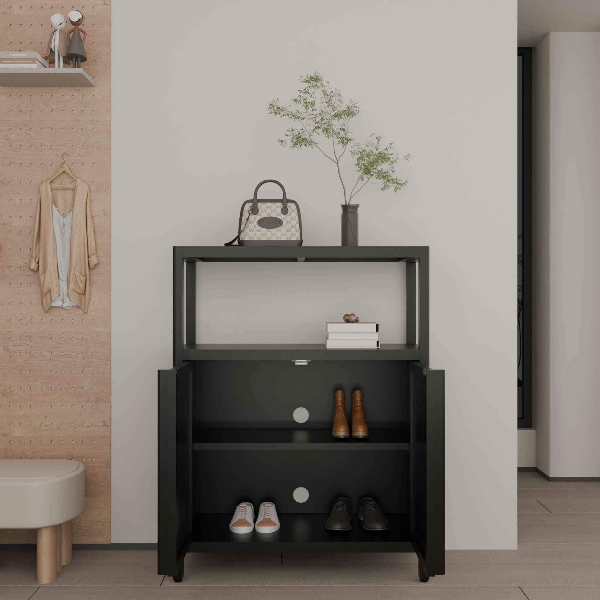 Black Large Capacity Bamboo Storage Cabinet Furniture for Bathroom Living Room