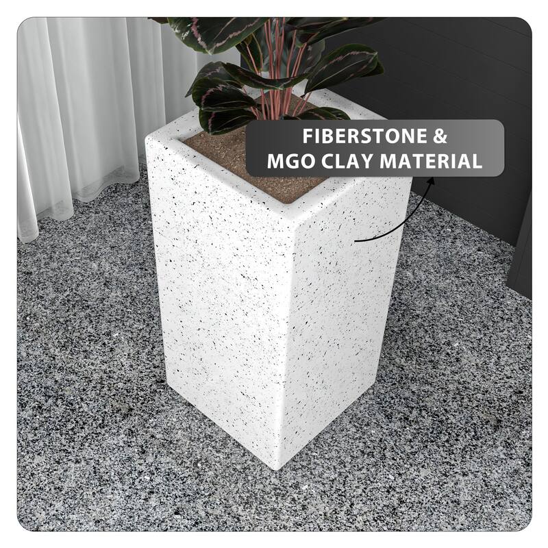 Terra Modern Tall Square Column Planter Sleek Fiberstone & MgO Clay Pedestal Pot - Weather-Resistant Front Door & Entryway Decor