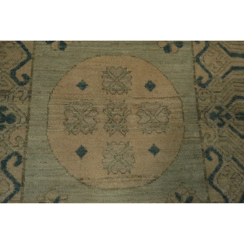 Hand Knotted Oriental 100% Wool Carpet Transitional Geometric Green Khotan Runner Rug - 11' 11'' X 3' 3''
