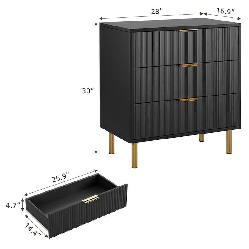 3 Drawer Dresser for Bedroom with Gold Handles, Modern Wooden Chest of Drawers