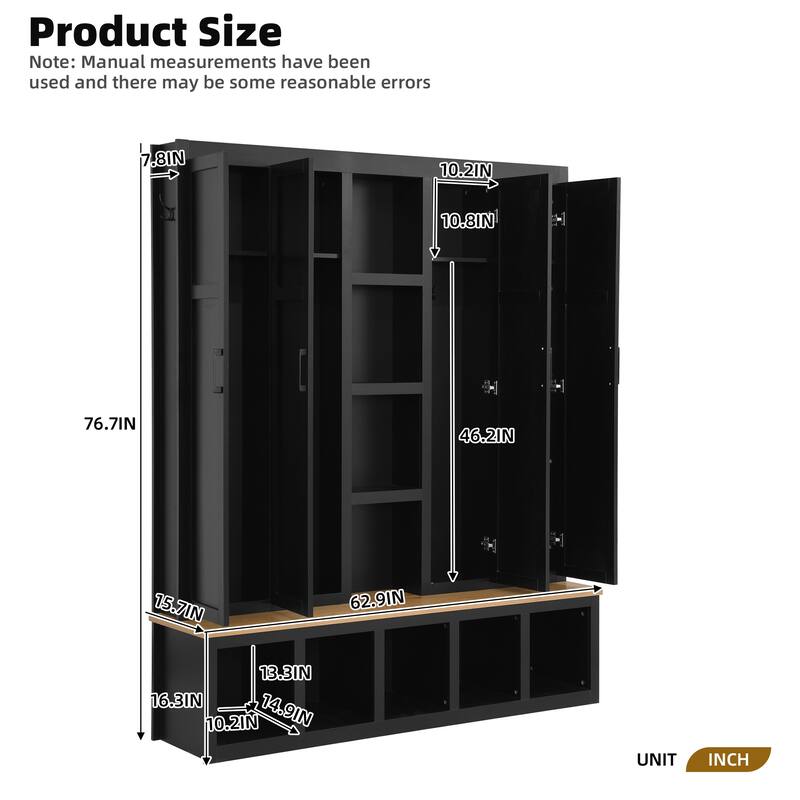 Farmhouse Hall Tree with Bench & 6 Hooks, 62.9"W Shoe Storage, Entryway Organizer for Mudroom, Living Room