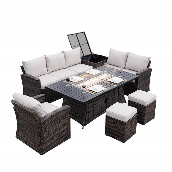 slide 2 of 5, 7-Piece Outdoor Sofa with Aluminium table top Fire Pit Set Brown