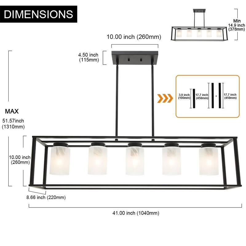 5-Light Industrial Dining Room Ceiling Lighting in Matte Black Finish with Glass Shade Classic Pendant Island Lighting Fixture