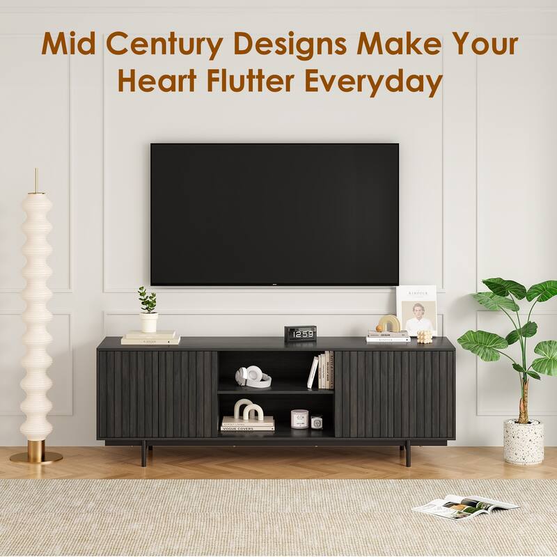 Mid Century Modern TV Stand for TVs Up to 75", Farmhouse Fluted TV Stand, Retro Wood TV Stand with Storage and Shelf