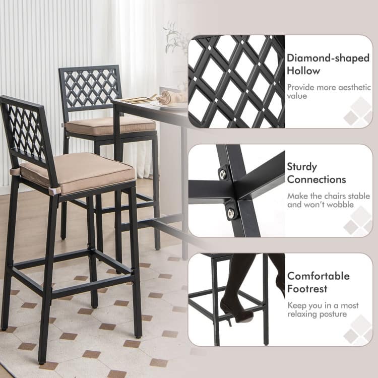 Set of 2 Patio Bar Chairs with Detachable Cushion and Footrest - 16" x 19.5" x 40.5" (L x W x H)