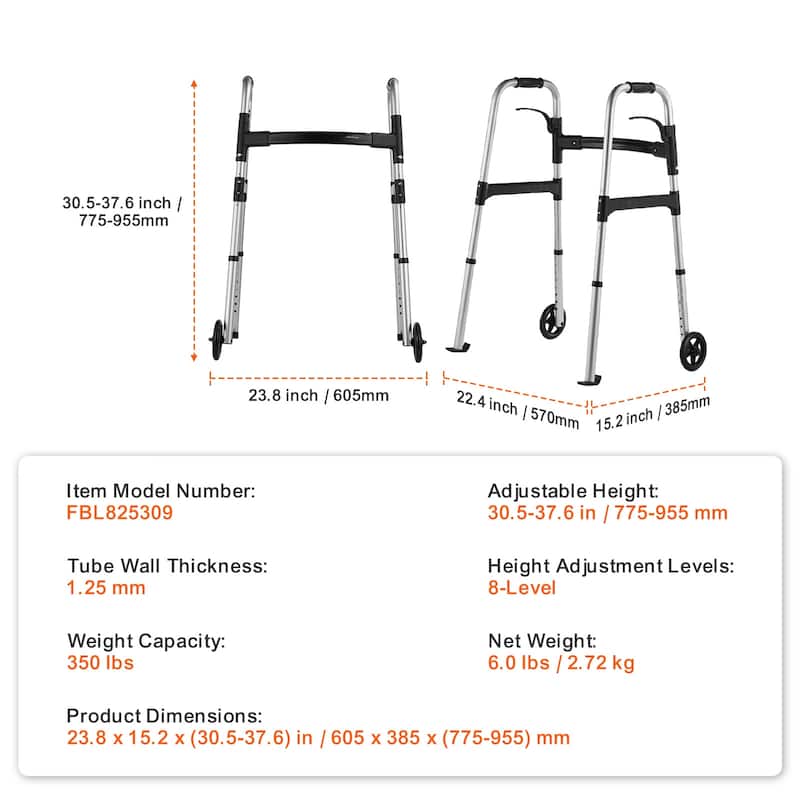 Folding Walker, 2-Button Folding Walkers, Front Wheeled Rolling Walkers for Seniors and Adults, Up to 350 Pounds