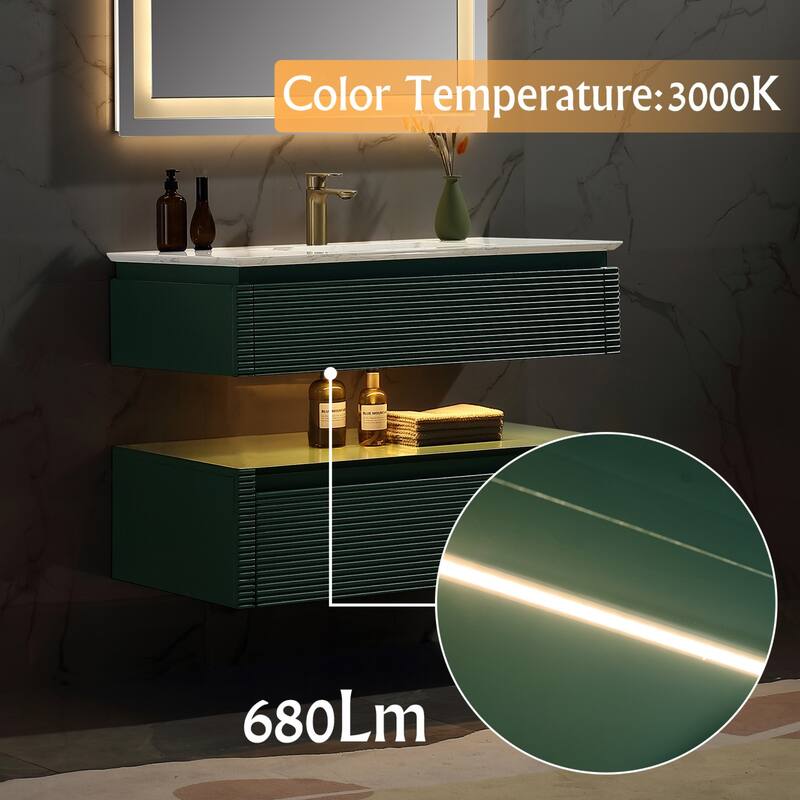 Modland 36''/48'' Floating Bathroom Vanity with ETL-Certified LED Lighting, Soft-Close Drawers & Waterproof, Green