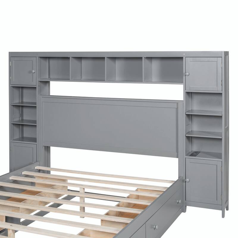 Wooden Bed with Built-in Cabinet, Shelf, and Sockets
