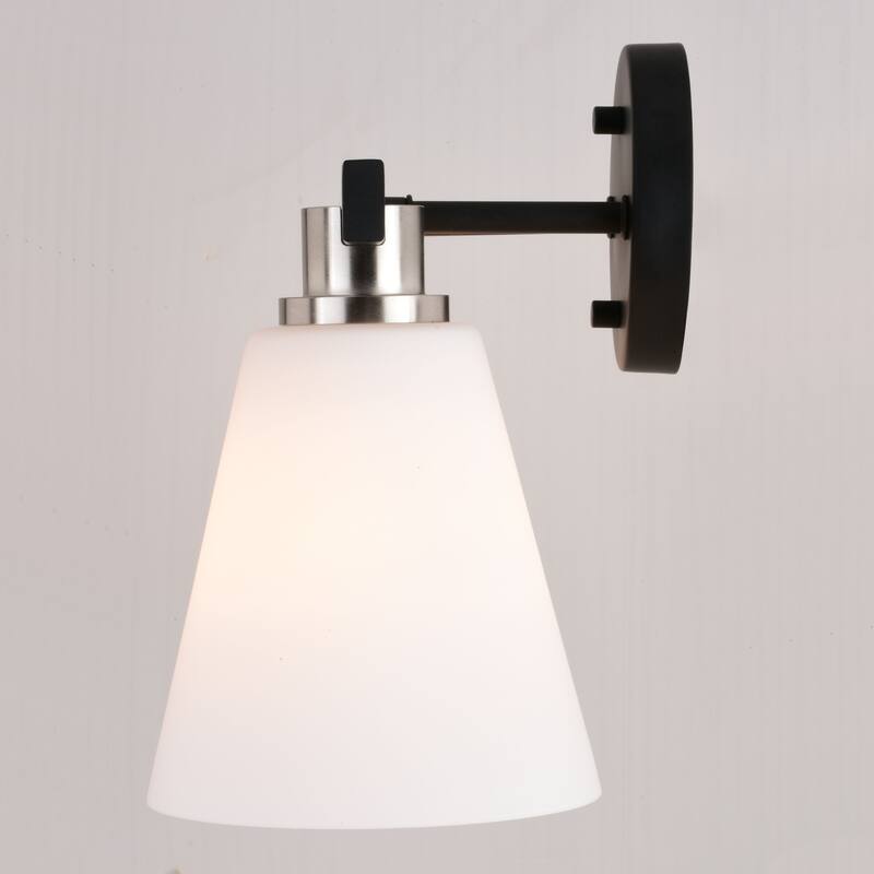 Vermont Matte Black and Nickel Bathroom Vanity Wall Sconce Light Fixture White Glass