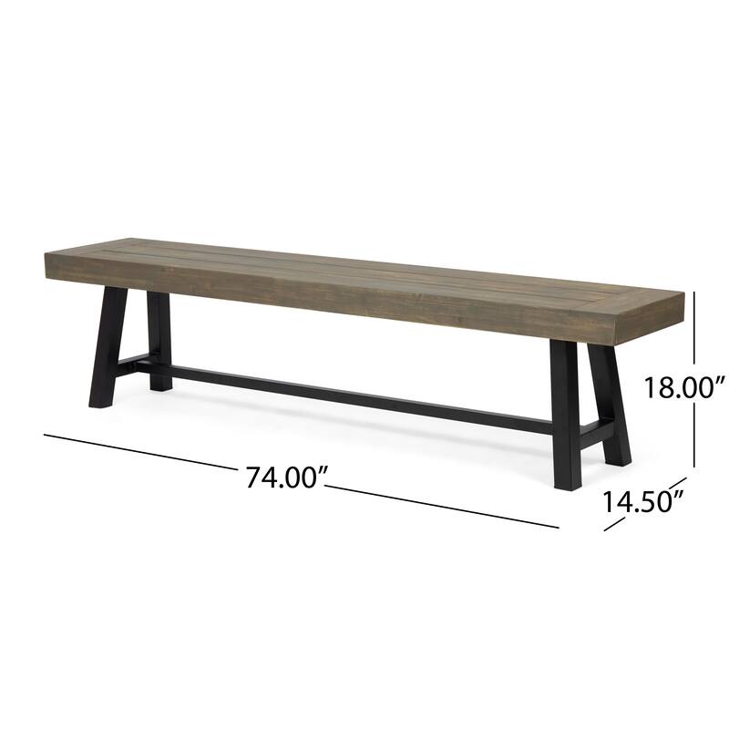 Roomfitters Outdoor Acacia Wood Patio Bench, Garden Rustic Metal Frame for Porch or Backyard, Grey