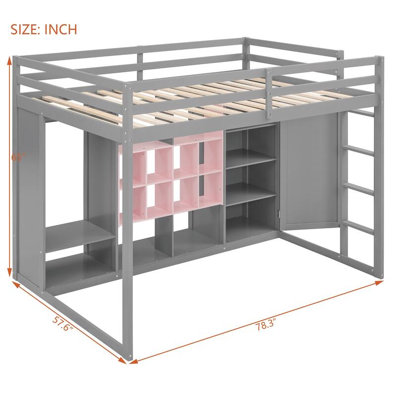 Space-Saving Wood Loft Bed with Wardrobe, Shelves, and Cabinet in Gray and Pink