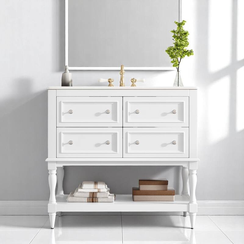 36 Inch Bathroom Vanity Sink Combo, Undermount Ceramic Basin, MDF and Solid Wood Cabinet with 4 Storage Drawers - White