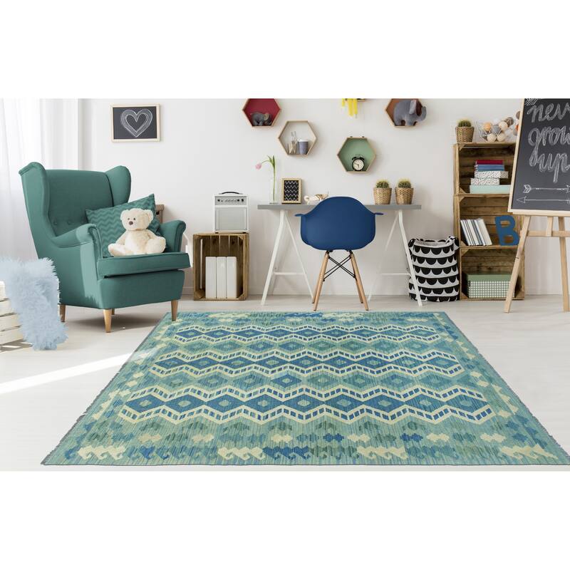 Modern Flatweave Nazy Blue/Ivory Rug - 5'7" x 7'10"