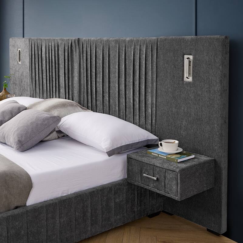 King Size Upholstered Bed Frame with Chenille fabric with pleated design,Grounded King Size Platform Bed