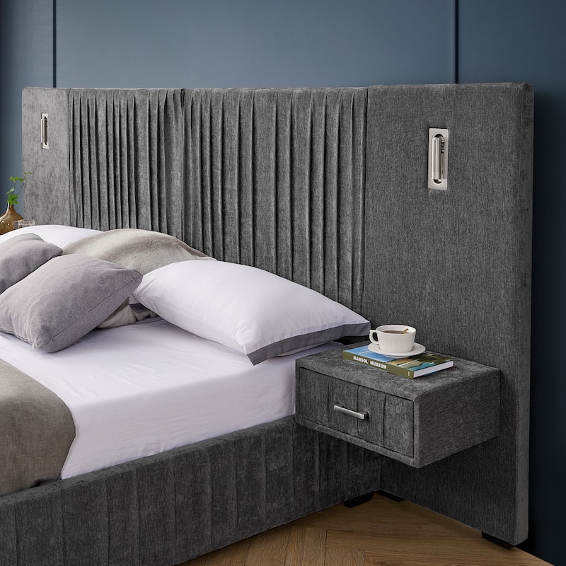 King Upholstered Platform Bed with Pleated Chenille Headboard, Built-in Bedside Table & Adjustable Lamps, No Box Spring