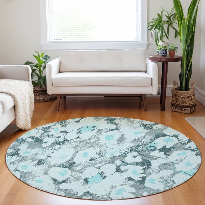 Machine Washable Indoor/ Outdoor Modern Daisy Chantille Rug - Teal - 8' x 8'