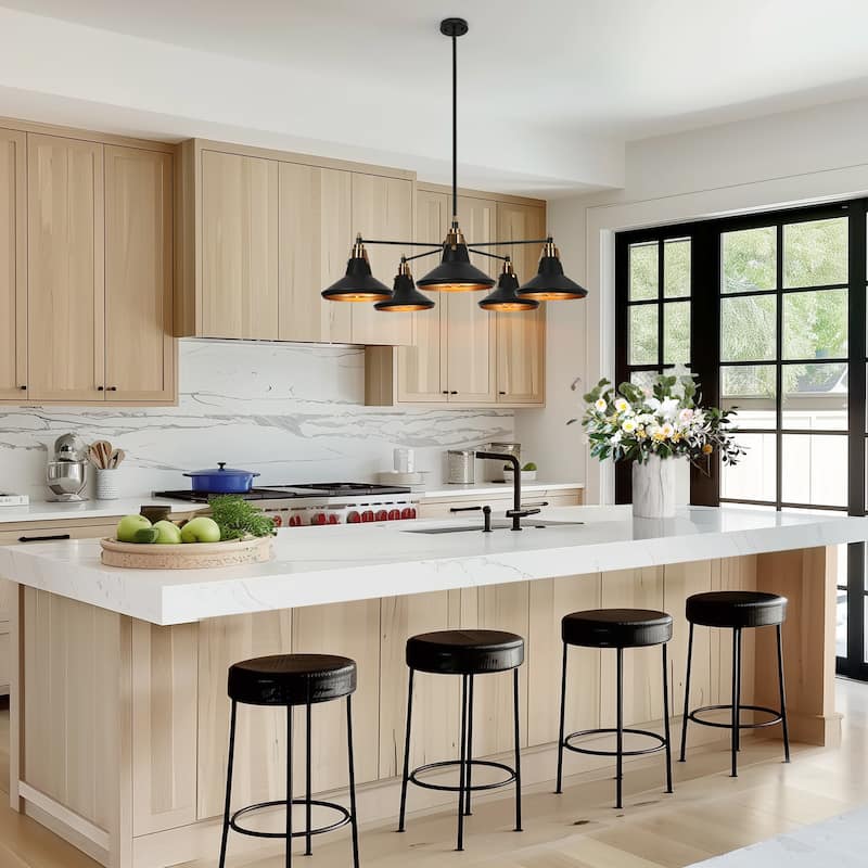 Modern Industrial 5-Light Black Gold Wheel Kitchen Island Chandelier Metal Pendant Lights for Dining Room - 33" D x 9" H