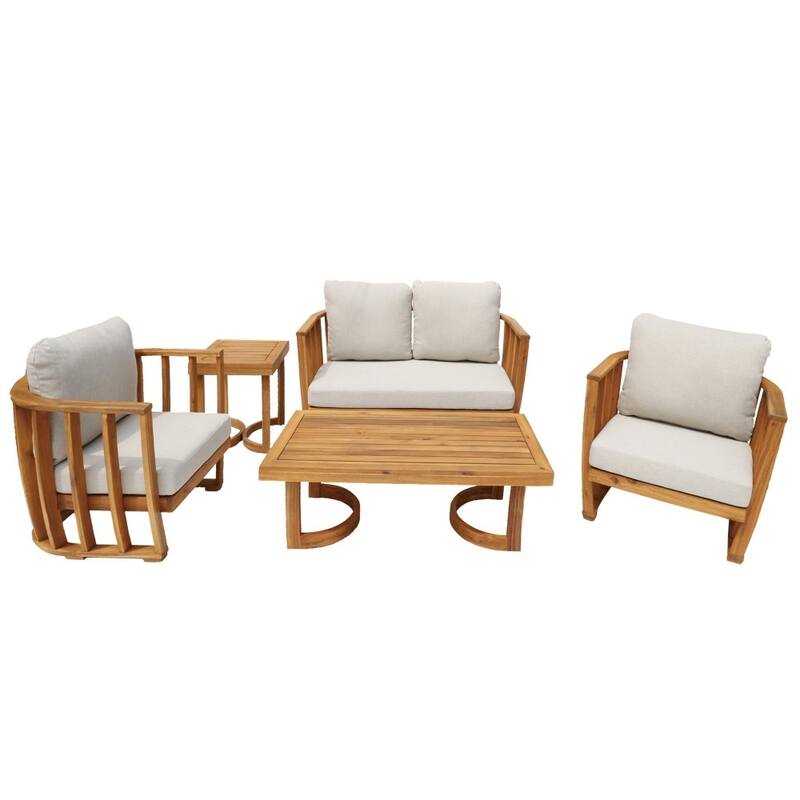 Outdoor 5-piece Acacia Wood Conversation Sofa Set with Removable Waterproof Cushions and Coffee/ Side Table