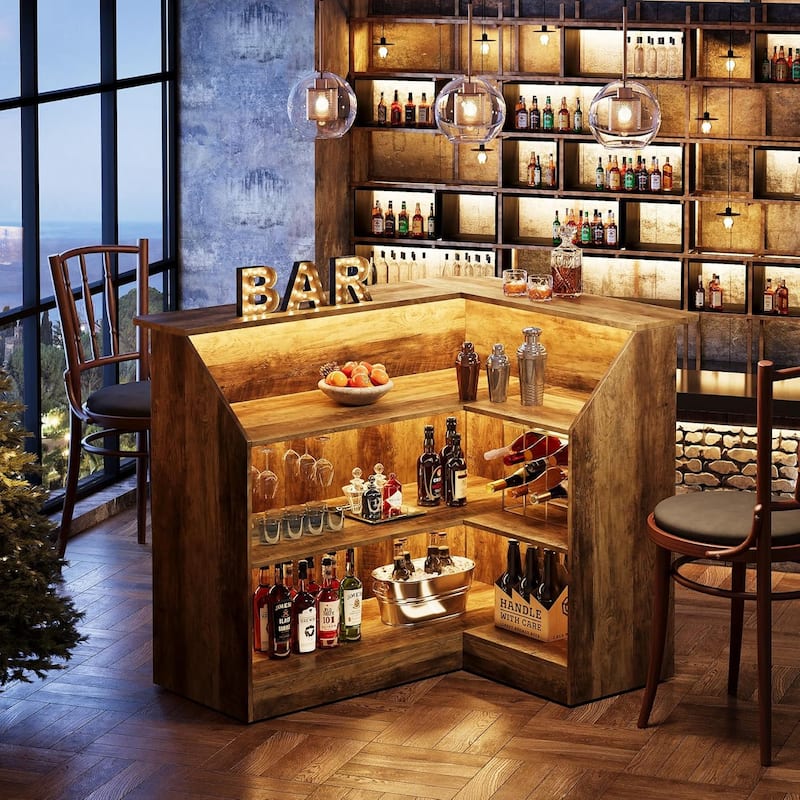 L-Shaped Bar Cabinet, 4-Tier Corner Bar Unit with Stemware Racks