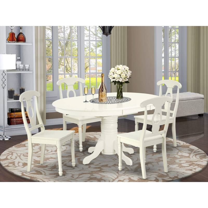 East West Furniture Dining Table Set Consist of an Oval Dining Room Table and Wood Seat Chairs, Linen White (Pieces Options) - AVKE5-LWH-W