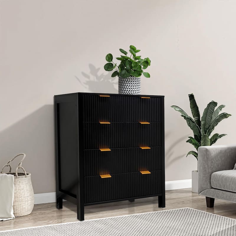 4 Drawer Fluted Dresser for Bedroom, Modern Wood Chest with Gold Handles, Narrow Storage Cabinet or TV Stand