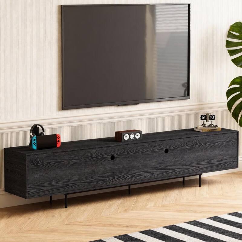 Stylish mid-century modern TV stand for up to 80" TVs. Ample storage for media devices, cable management. easy assembly.
