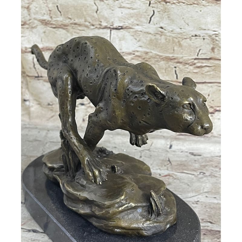 Running Cheetah Bronze Statue Sculpture Figure Marble Base Signed Milo