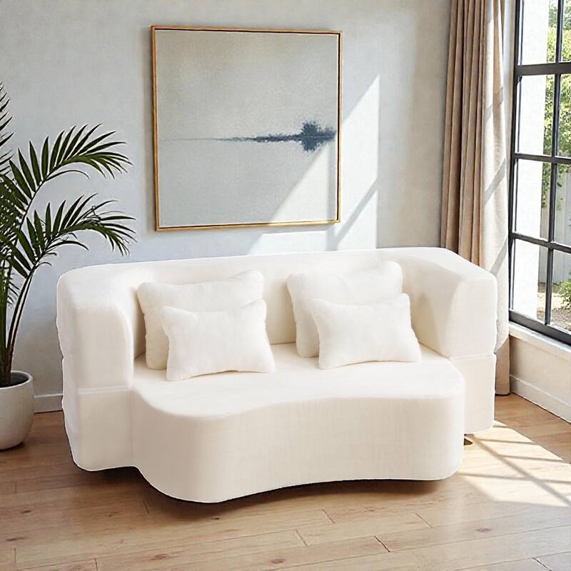 Queen Size Floor Sofa Futon with 4 Pillows, Modern Folding Mattress Couch, Plush Fabric No Assembly