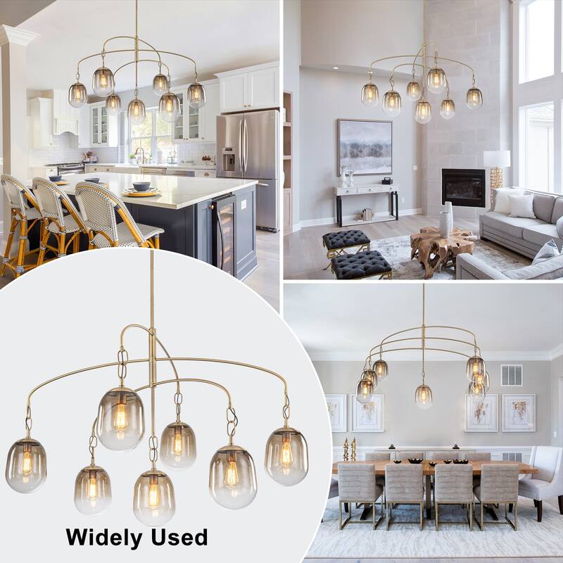 Modern Gold Chandelier Gradient Glass Shades 2-Tier Curved Arm