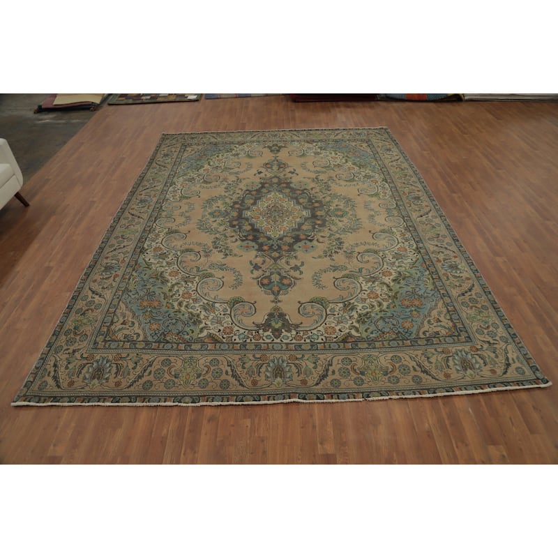 Hand Knotted Oriental 100% Wool Carpet Traditional Floral Beige & Ivories Tabriz Area Rug - 12' 9'' X 9' 8''