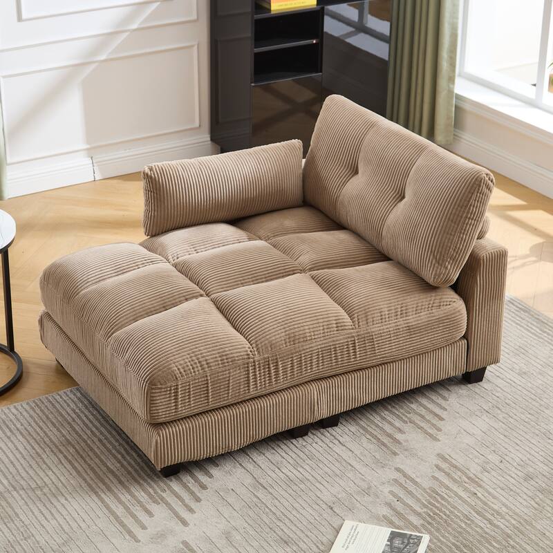 Oversized Corduroy Upholstered Single Chaise Lounge Sofa Couch Switchable Armrest with Cup Holders, USB Ports and Pockets - Khaki