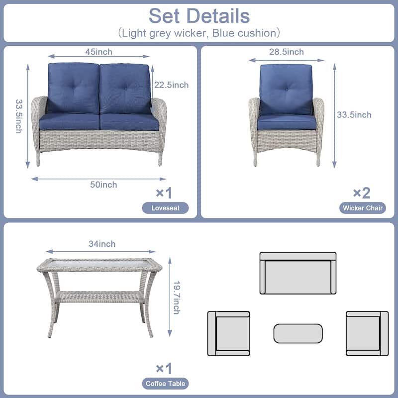 Pocassy Outdoor Patio Sofa Loveseat with Chair Coffee Table