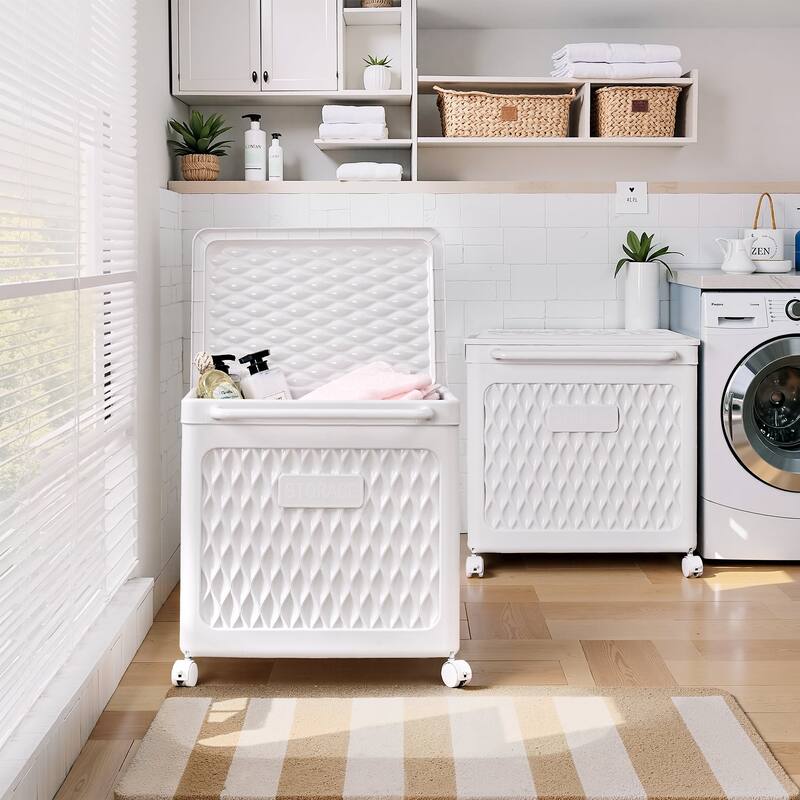 VECELO White Rolling Laundry Basket Lightweight Laundry Basket with Lid and Wheels for Bathroom Home and Kitchen