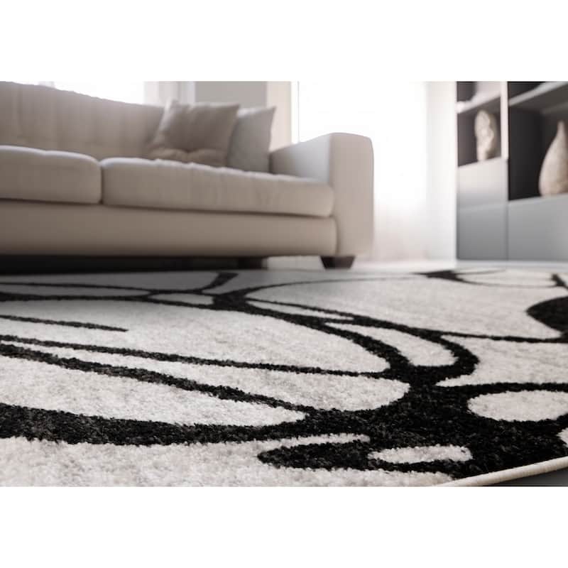 Ellis Collection - Modern Swirls Grey Black Area Rug