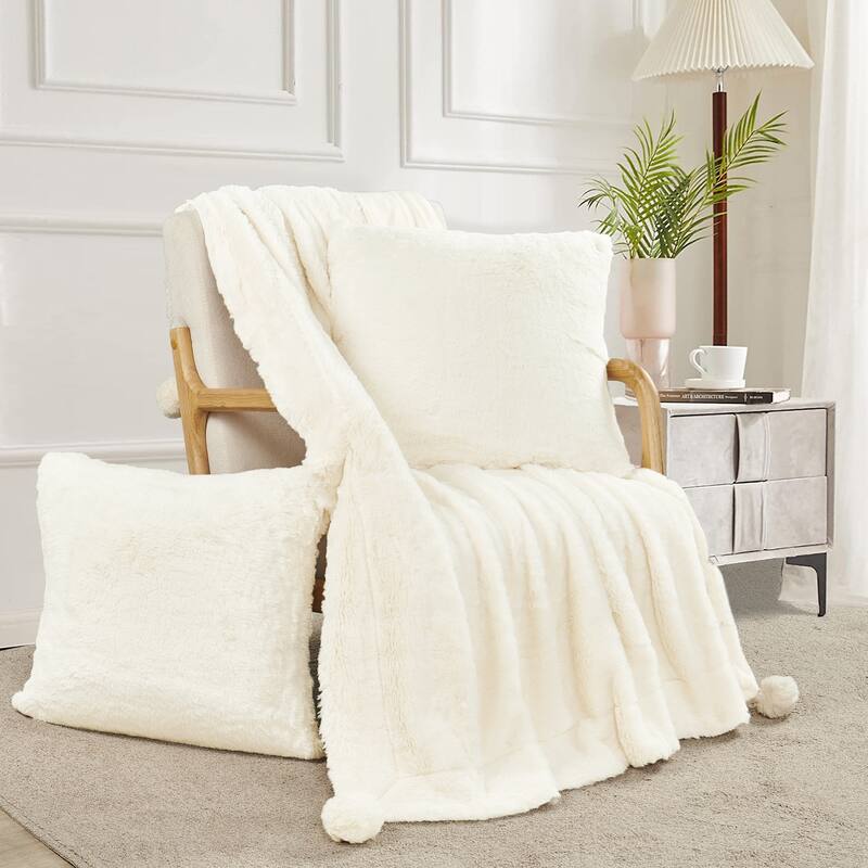 Pompom FauxFur Throw & 2 Pillow Shell Combo Set