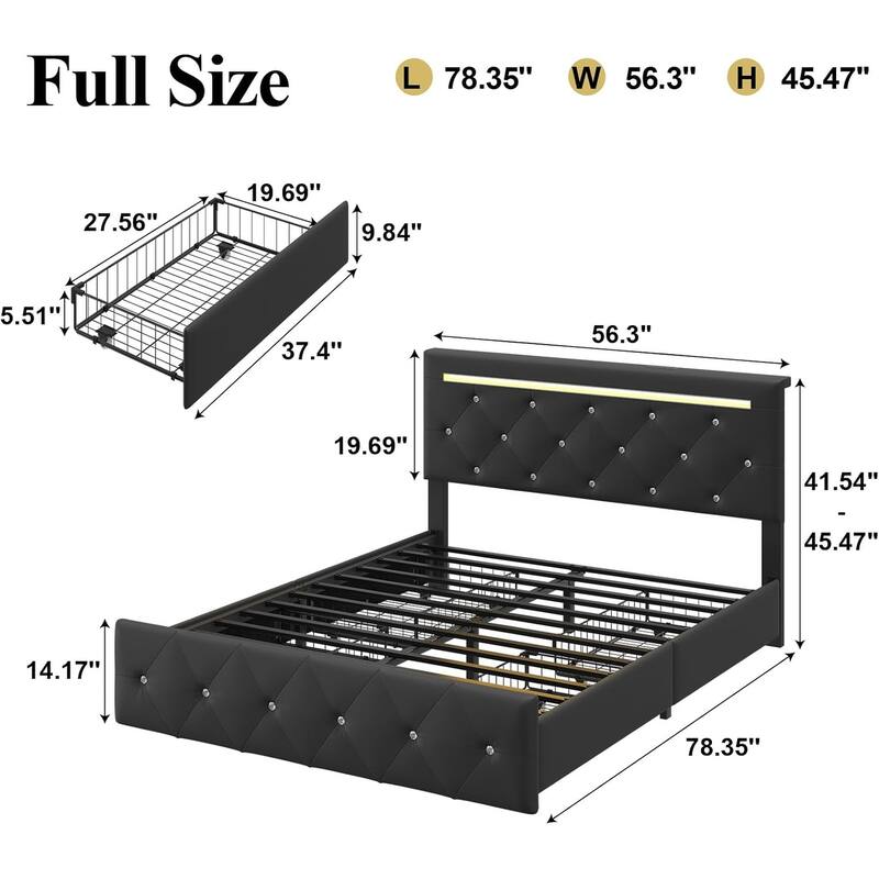 Full Size Bed Frame with LED Light and Storage Drawers, PU Upholstered Bed Frame with Adjustable Headboard, Charging Station